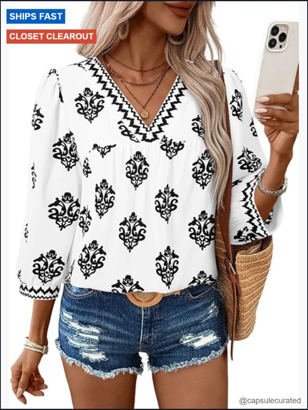 Women's Boho Floral Chiffon Blouse 3/4 Sleeve V Neck Summer Top
